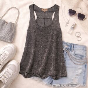 Mudd Metallic Shimmer Tank Top Y2K Grunge Racerback Silver Large